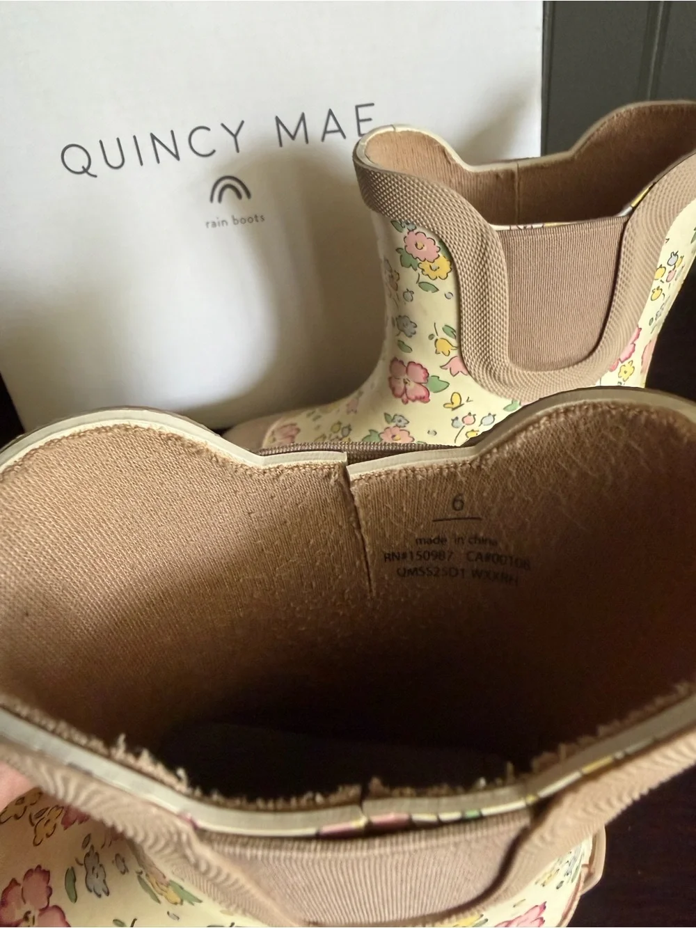 Quincy Mae Cream Floral Rain Boots with Tan Trim
